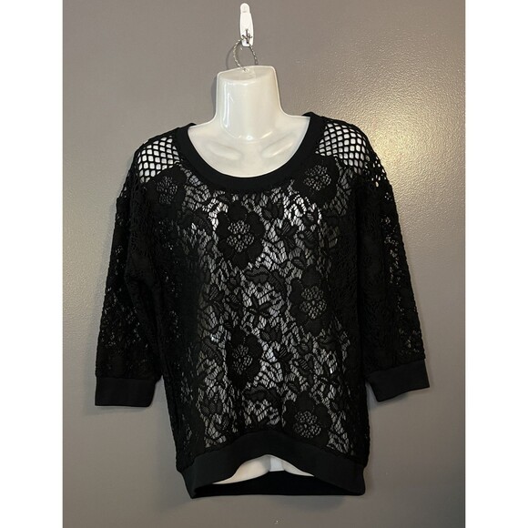 Express Tops - Express Pullover Womens Small Black Sheer Lace Floral Mesh Knit 3/4 Sleeve Top